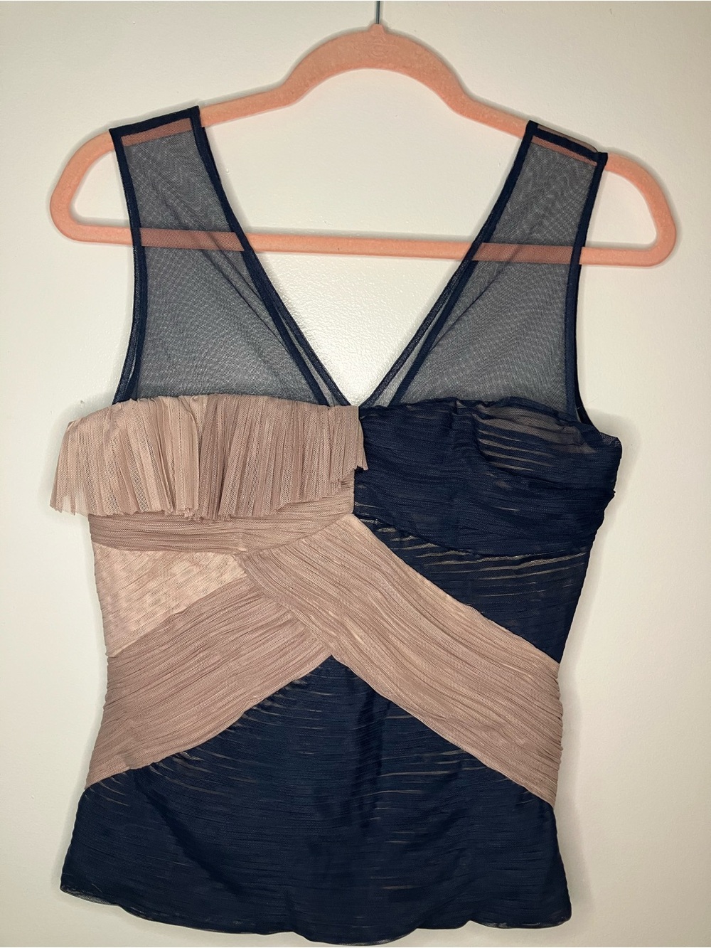 BCBG Max Azria Textured Sheer Mesh Colorblock Sleeveless Top Size 8